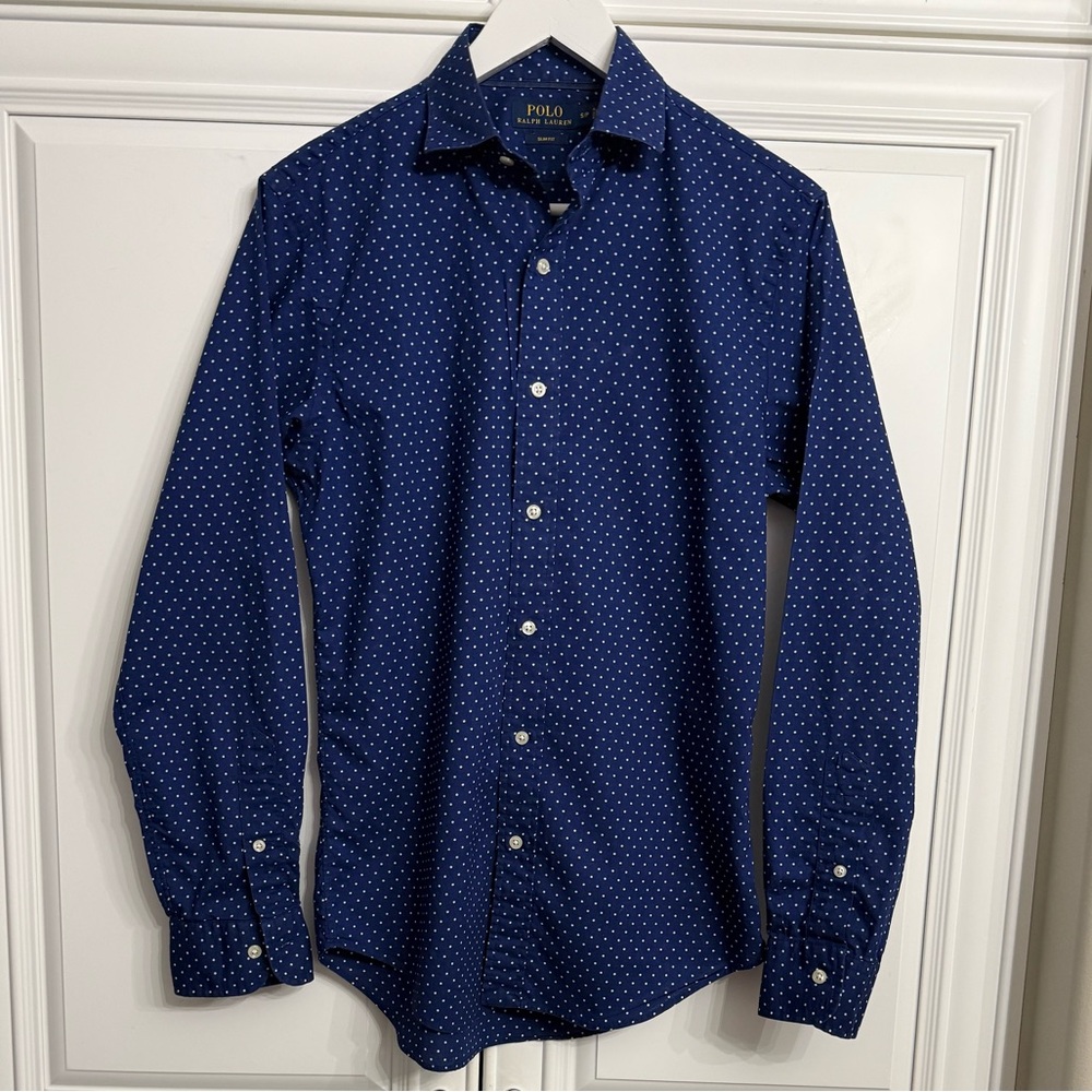 Polo Ralph Lauren Men’s Small Button Down Slim Fit Shirt Navy w/White Polka Dots